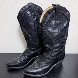 Vintage Genuine Leather Black Braided Western/Cowboy Boots